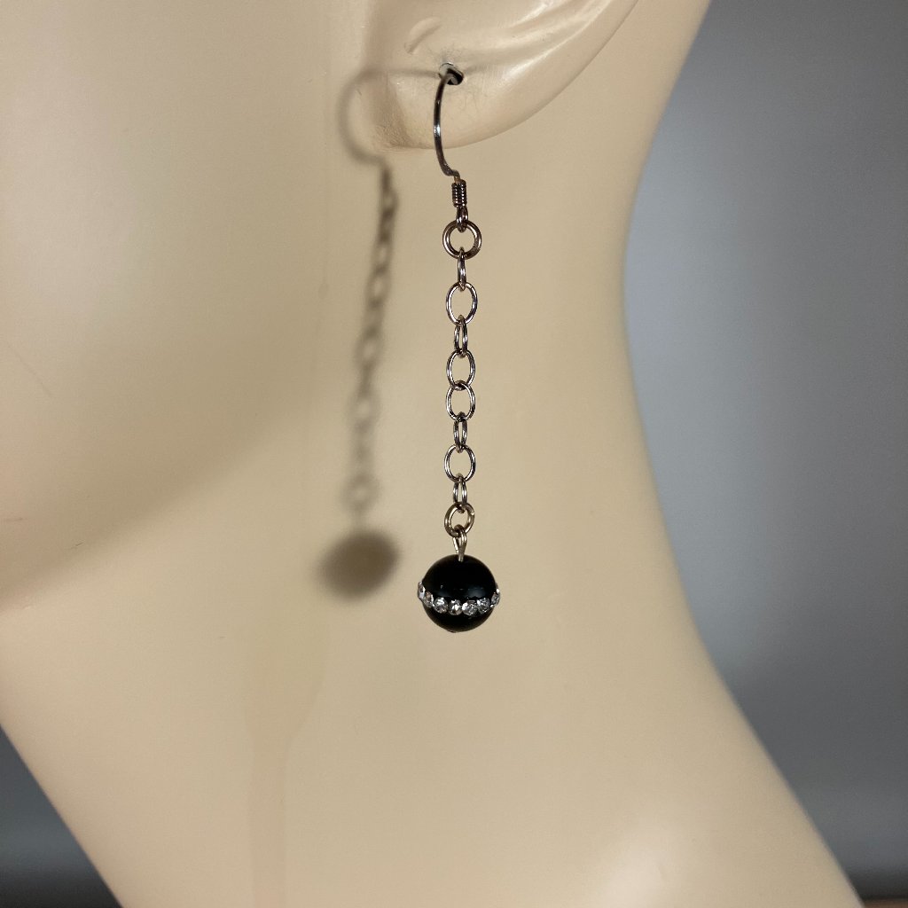 Handcrafted Black Agate W Rhinestone Inlaid Bead Earrings - 1-1/2